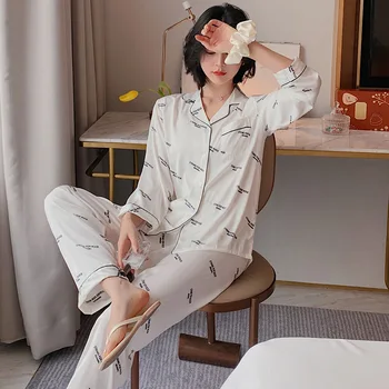 Femei din Două piese coreean Simplu, cu mâneci Lungi Subțiri Pijamale de Mătase de Servicii de Origine de Vară Nou Stil de Matase de Gheață