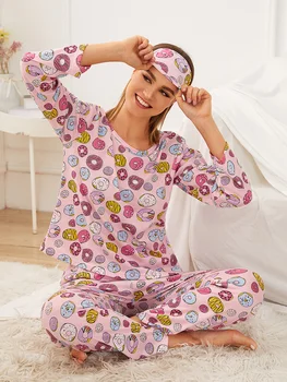 Femei Drăguț Grafica de Desene animate Gogoasa Print Pajama Set Gât Rotund Maneca Lunga si Pantaloni de Pijamale Confortabile de Agrement Lougewear