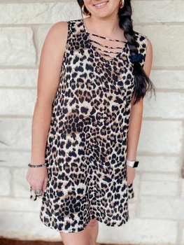 Femei elegante Rochii de Epocă Gol V Gât Leopard Sexy Rochie fără Mâneci Volane de Moda Casual Vrac Rochie Mini