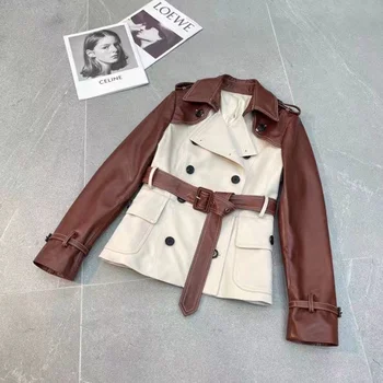 Femei Haină De Primăvară Și De Toamnă Lungime Scurtă New Sosire Jacheta Din Piele De Culoare Două Împletit Colecta Talie Stil