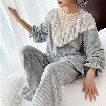 Femei Lolita Flanel cu Dungi Pijama Seturi.Dungi Dantelă Topuri+Pantaloni Lungi.Vintage Zburli Pijama Set.Cald Sleepwear Body