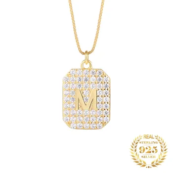 Femei Modă De Bijuterii Placat Cu Aur Cu Litera M Micro Pave Zircon Geometrie Pătrat Alfabetul Pandantiv Colier De Argint 925 Pentru Femei