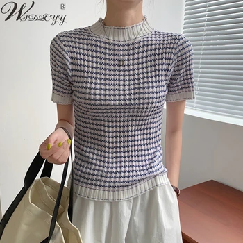 Femei O-Gât Tricotate Casual T-Shirt Primavara-Vara Slim Subtire Dungi Topuri de Moda coreeană Maneca Scurta, Haine de sex Feminin Pulovere