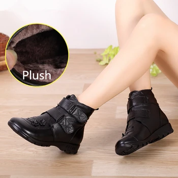 Femei Pantofi De Iarnă Autentică Split Din Piele Doamnelor Glezna Scurt Monofazate Floare Plat Rotund Toe Pluș Platforma Cizme Pentru Femei Pantofi