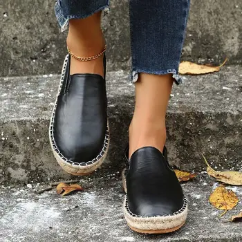 Femei Pantofi Noi din Piele Simți Moda Retro Cânepă Frânghie Pantofi Plat Leneș Pantofi de Mari Dimensiuni Pantofi Bej Negru 36-43