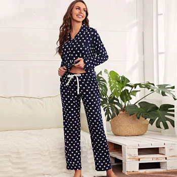 Femei Pijamale Stele Polka Dot Rever Cardigan cu Maneci Lungi din Dantela-Up Pantaloni Set de Pijamale de sex Feminin Acasă Haine Casual Homewear