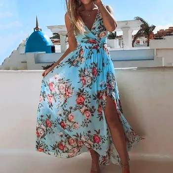 Femei Rochie Boho Albastru Florale Imprimate Maxi Lung Adânc V-gât Rochie de Vară pe Plajă Petrecere de Seara Rochie fără Mâneci Rochii Vestidos#L