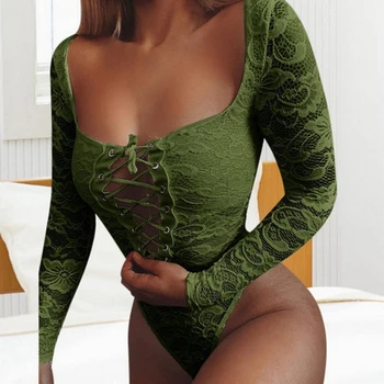 Femei Sexy Lenjerie De Dantelă De Moda De Culoare Solidă Pătrat Guler Maneca Lunga Dintr-O Bucata Lingeries Femei La Modă De Îmbrăcăminte De Noapte Body Nou