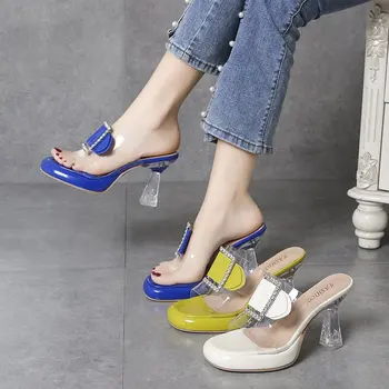 Femei stras sandale, la modă transparent, papuci de casă, tocuri inalte, albastru, roman în vara anului 2022