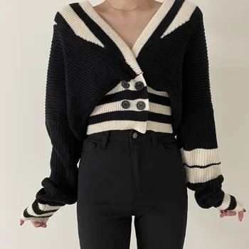 Femei Toamna și Iarna două rânduri Butonul Negre Dungi Sentiment de Design de Pulover, Jachete Stil Nou Tricotate Cardigan