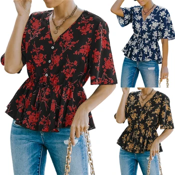 Femei Vara Slim-fit T-shirt, Adulți Casual Floare de Imprimare Jumătate Maneca Pulover V-Neck