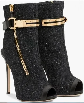 Femeie fierbinte Negru Paiete de Aur Cataramă de Metal Peep Toe Glezna Cizme Sandale cu Fermoar 120 mm Stilet Tocuri Sexy Ghete Pantofi