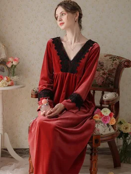 Femeile Velur Halat De V Gâtului Fara Spate Victorian Lung Rochie De Noapte Pleuche Catifea Sleepwear Printesa Epocă Îmbrăcăminte De Noapte Cămăși De Noapte
