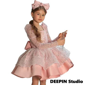 Fete Funda Roz cu Paiete, Rochie de Printesa 2022 Primăvară Nouă Copii Lolita Arc Maneci Lungi de Performanță Costum Tutu Princess Dress