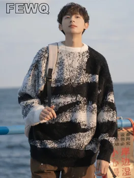 FEWQ Cuplu Stil coreean de Tricotat pulover Pulover Barbati Vrac Casual, de Culoare de Contrast Gât Rotund de Moda de Îmbrăcăminte 2023 24A1186