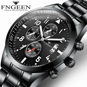 FNGEEN Stil Sport Mens Ceasuri Negru Impermeabil Bandă de Oțel Tendință Bărbați Cuarț Ceas Luminos Afișaj Calendar Reloj Hombre