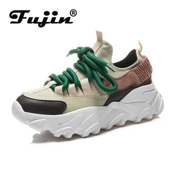 Fujin 5cm Noua din Piele Streth Adidași Primavara-Vara Platforma Wedge Sneakers Vulcaniza Femei Confortabil Dantelă-Up Non Alunecare Pantofi