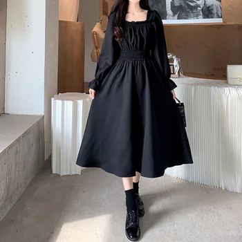 GLAUKE Neagra Rochie Eleganta pentru Femei Vintage Maneca Lunga Primavara Toamna Rochii Pătrat Guler Supradimensionat Liber Casual, Halat de Streetwear