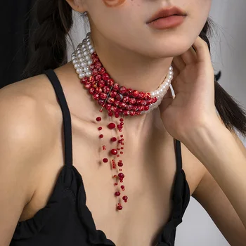 Gotic Sânge Model de Colier de Perle Pentru Femei Multi-strat Margele Largă Cravată Gât Scurt Colier Petrecere de Bijuterii Cadou