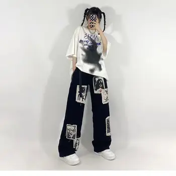 Grunge, Punk Mozaic Blugi Negri Femei Hip Hop Streetwear Print Supradimensionat Largi Picior Pantaloni 90 de Moda de Epocă Pantaloni
