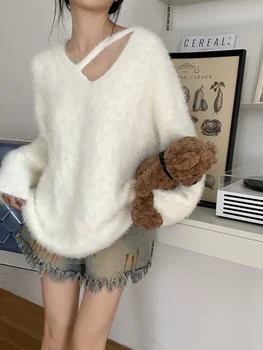 GWW1735 Imitând blana de nurca, moale și ceară V-gât, purtând bluza tricotate, pentru femei 2022 stil nou, leneș, vânt lapte, fufu pulover