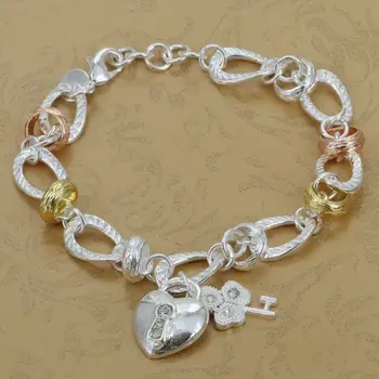 H233 En-Gros! argint braceletSilver placat cu moda bijuterii brățară Inima de Blocare și Flori Cheie Brățară