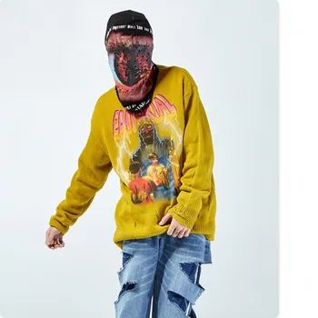 Hip-Hop-Pulover tricotat Barbati Femei VIntage Diavolul Fulgere de Imprimare Pulovere 2021 Toamna Streetwear Cald Gaura Pulover Topuri w25