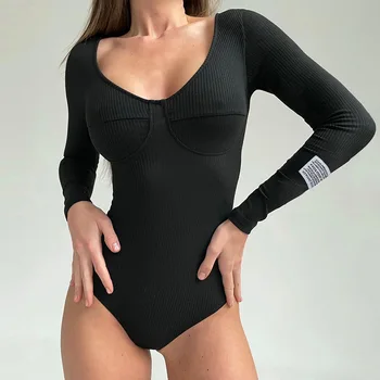 hirigin Negru Body pentru Femei Culoare Solidă cu Nervuri Tricotate V Gatului Maneca Lunga Topuri Sexy Femei 2021 Haine de Iarnă