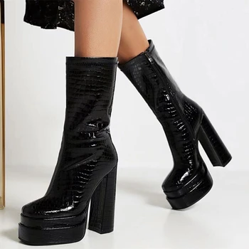Iarna Anti-frig Mare Toe pantofi cu Platformă de Piatră de Imprimare PU Piele de Brevet Deget de la picior Pătrat Negru cu Toc Glezna Cizme pentru Femei Zip 43