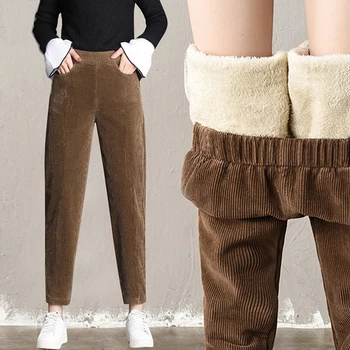 Iarna Femei Pluș Pantaloni Cald Casual Pantaloni De Catifea Cord Elastic Talie Mare Stright Pantaloni Buzunare Culoare Solidă Doamnelor Pantaloni
