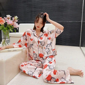 Imprimare Femei Set De Pijama Moale Pijamale Satin 2 Piese Tricou Și Pantaloni Tinutelor Casual Pijamale 2021 Noi Acasă Haine Lenjerie
