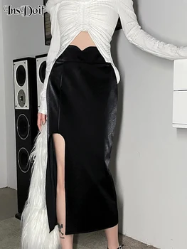 InsDoit Gotic Talie Mare Split Negru Fusta Pentru Femei Grunge Catifea Chic Y2K Talie Zip Sexy Elegant Streetwear Rochie de Petrecere 2022
