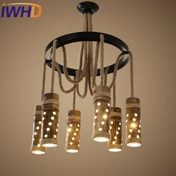 IWHD 6 Capete de Bambus Epocă Lampa LED Lumini Agățat Stil Loft Industrial Lampi Dormitor sufragerie, Corpuri de Iluminat