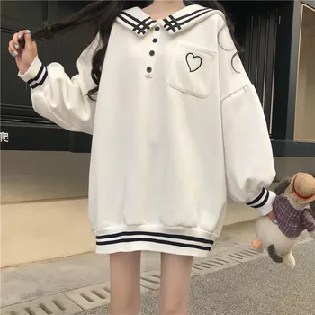 Japoneze Dragă Fată Stil Preppy Kawaii Marinar Guler în formă de Inimă Buzunar Pulover Kawaii Complet Maneca Îngroșa Tricou