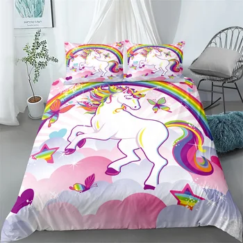 Kawaii Curcubeu Unicorn lenjerie de Pat Copii Fete culoare Roz Cal de Lux Carpetă Acopere Desene animate Pat Set Minunat Textile Acasă NICI o Foaie