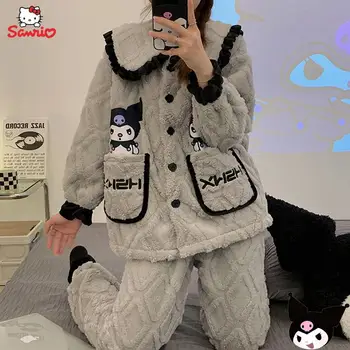 Kawaii Sanrio Kuromi Pijama Costum Anime Fete Baieti Toamna Iarna Îngroșarea Fleece Cald Pijamale Cu Pantaloni Casual, Haine De Acasă Costum