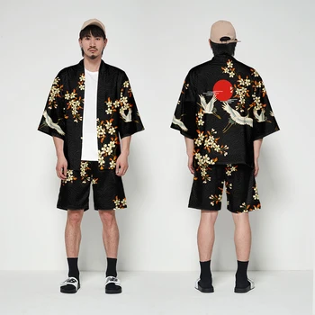 Kimono Bărbați Japonezi Haori 2022 Macara De Imprimare Yukata Samurai Cosplay Unisex Moda De Vară Jumătate Maneca Streetwear Plus Dimensiune Haine