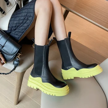 Lasyarrow Femei Chelsea Boot Glezna Vacă Din Piele De Toamna Cizme Scurte Groase Platforma De Moda Pentru Femei Pantofi Lady Casual 2021 Nou De Sex Feminin