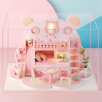 LED-uri de culoare Roz Drăguț Urs mobilier casa papusa diy casă de păpuși din lemn diy casa papusa in miniatura mobilier casă de păpuși pentru copii puzzle Jucării cadou