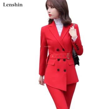 Lenshin de Înaltă Calitate 2 Bucata Costum Set Femeile Roșu costum de Birou de Afaceri Lady Uzura de Muncă Formale Blazer cu Eșarfe