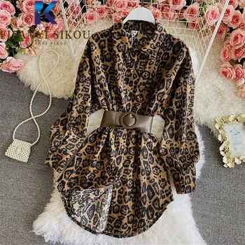 Leopard de Imprimare Tricou Jacheta Femei 2021 Nou Rever Centura de Moda cu Maneci Lungi pantaloni de Catifea cord Shirt Haina de Toamna Femei Topuri si Bluze