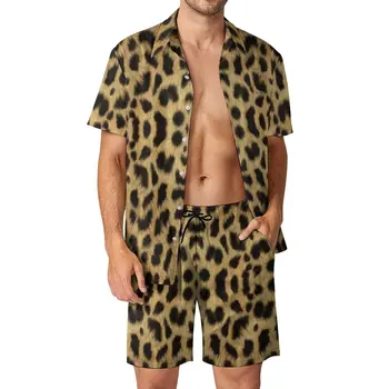 Leopard La Modă Pentru Bărbați Seturi De Animal Print Model De Tricou Casual Set Noutate Beachwear Pantaloni Scurți Costum De Vară 2 Bucata Plus Dimensiune