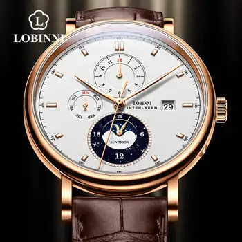 Lobinni Moda relojes hombre para Luna Faza Bărbați Ceas de mână Ceas de Safir rezistent la apa de Înaltă Calitate механические часы 13056