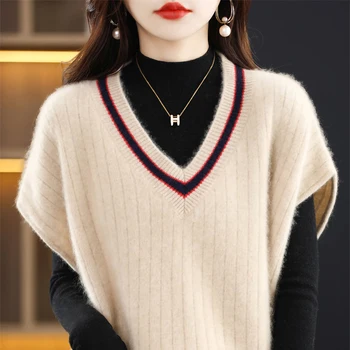 LONGMING Pulover Femei Cașmir Vesta Sacou Tricot cu Maneci Scurte Knitwears Haina V-gât Pulover de Primavara Topuri Haine de Moda coreeană