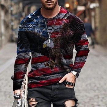 Lucruri Ciudate Vara Mens Noi Supradimensionat Vintage Maneca Lunga Tricouri American Eagle Print O Cu Guler Tricouri Camisetas Hombre