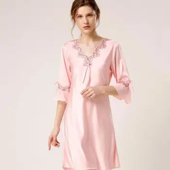 Maneca scurta camasa de noapte pentru Femei V-neck Somn Rochie de Mătase Faux Pijamale Femei Casual Cămașă de noapte de Vară Noi de îmbrăcăminte de noapte Acasă Rochie