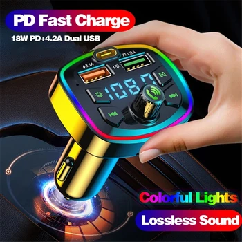 Masina MP3 Player de Muzică Bluetooth 5.0 Transmițător FM Dual USB 4.2 UN PD 18W Încărcător Rapid Tip-C 7-Atmosferă plină de culoare, Lumina