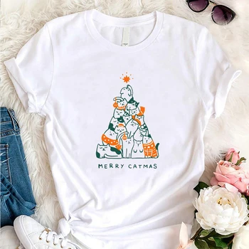 Miau Catmas Amuzant Femeie Tricouri Estetice Haine Merry Christmas Party Festival T-shirt Alb, Cadou de Crăciun Grunge Kawaii Sus
