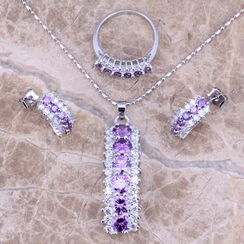 Minunat Violet Cubic Zirconia Albe CZ Placat cu Argint Seturi de Bijuterii Cercei Pandantiv Dimensiune Inel 6 / 7 / 8 / 9 / 10 S0154