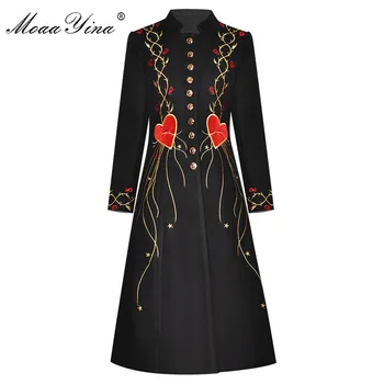 MoaaYina Designer de Moda haină de Lână de Iarnă pentru Femei cu maneca Lunga Stand guler Single-breasted Broderie Vintage negru Palton